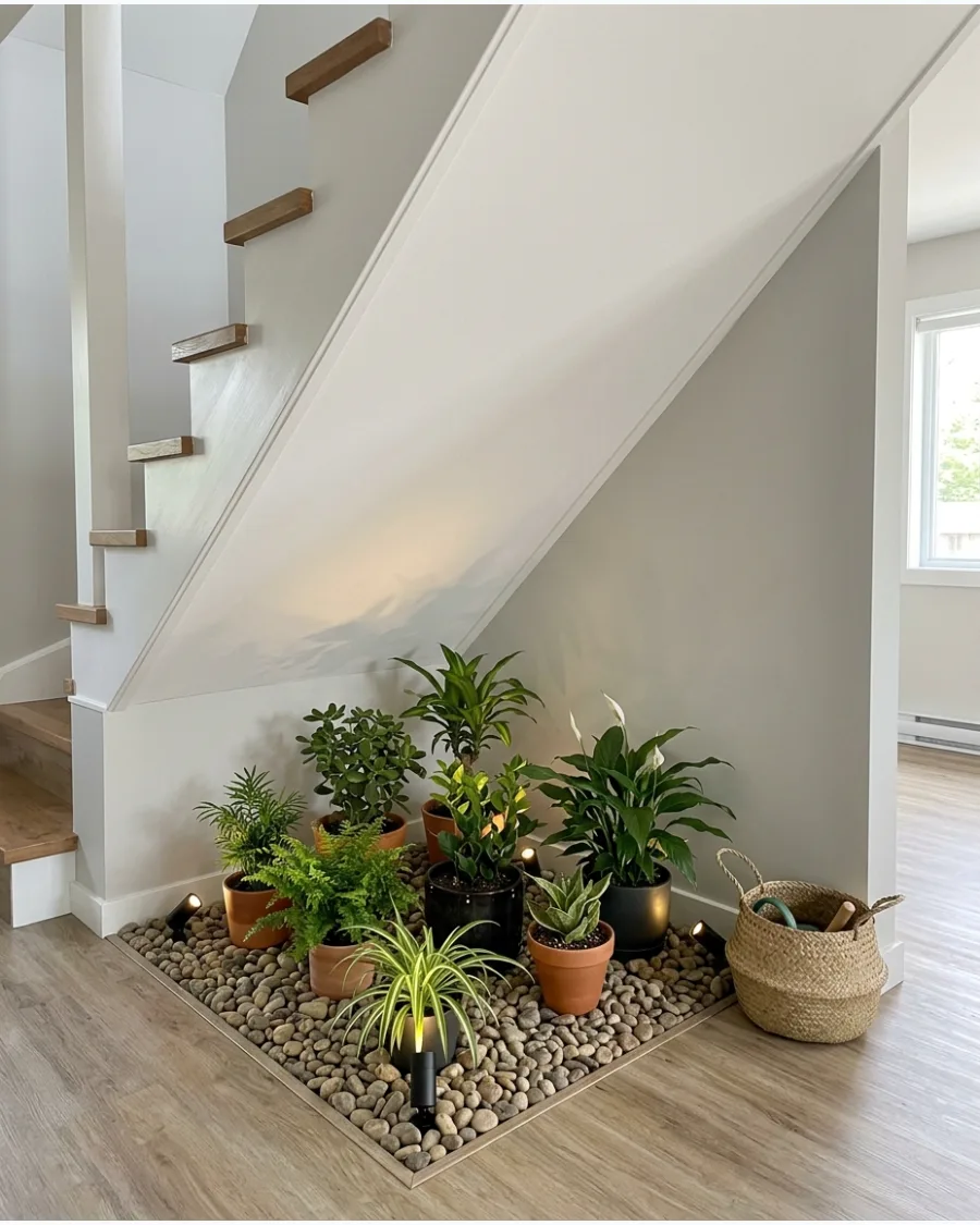 50. Small Garden Under Stairs With Hidden Lighting