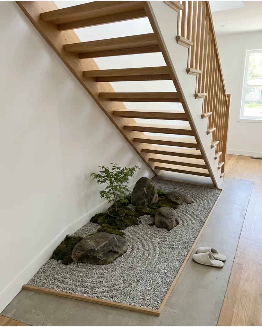 6. Raked Gravel Zen Garden Under Stairs