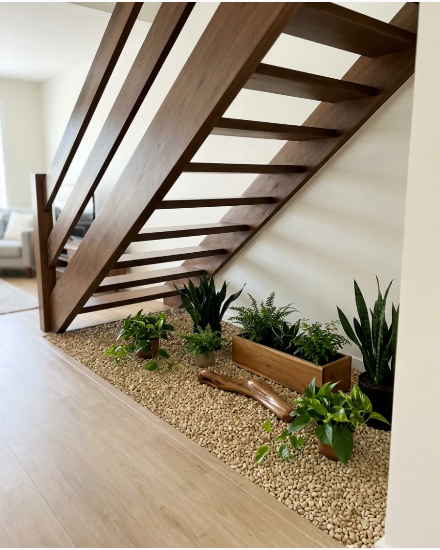 9. Warm Beige Gravel Garden Under Stairs