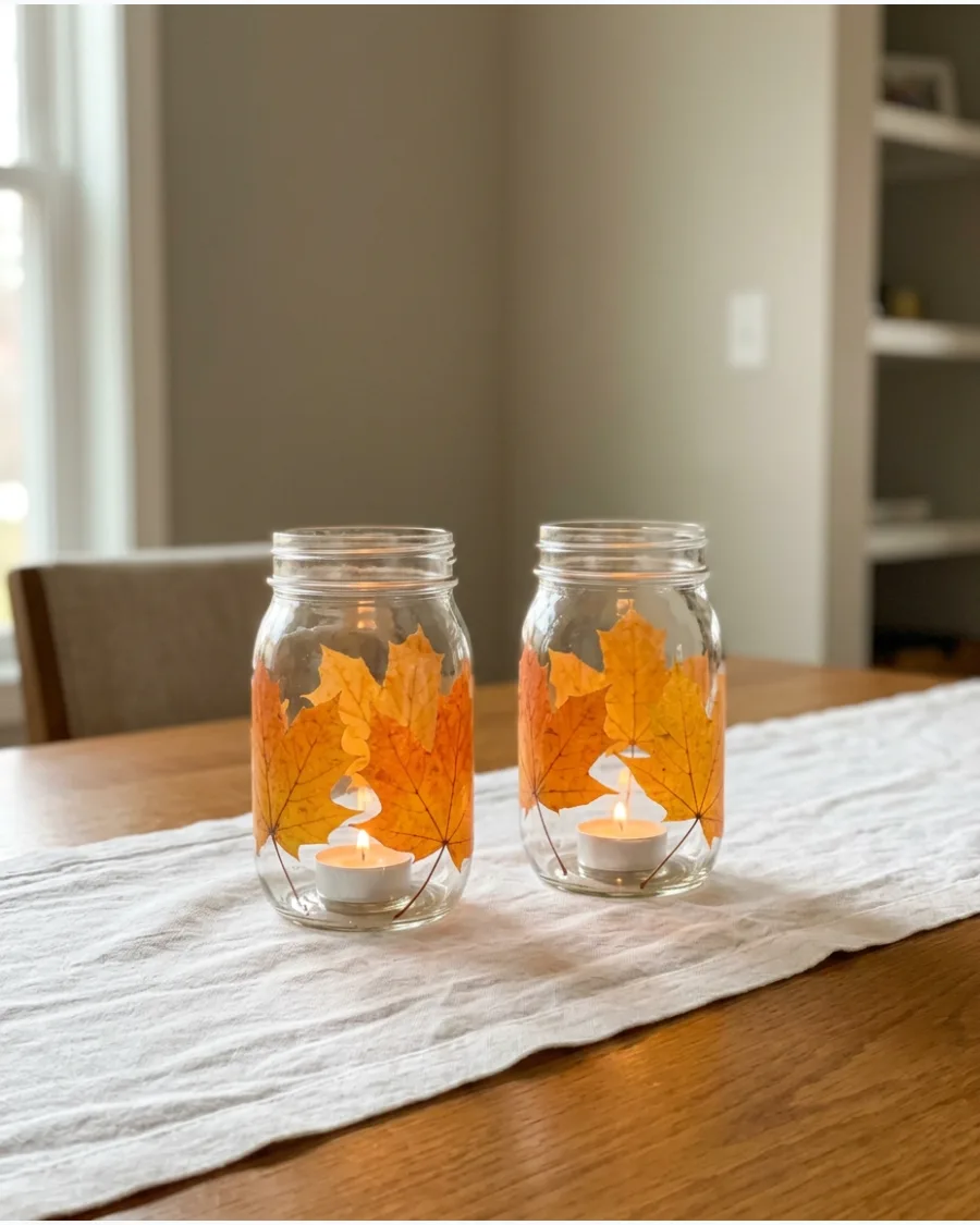 22. DIY Leaf Mason Jar Centerpiece