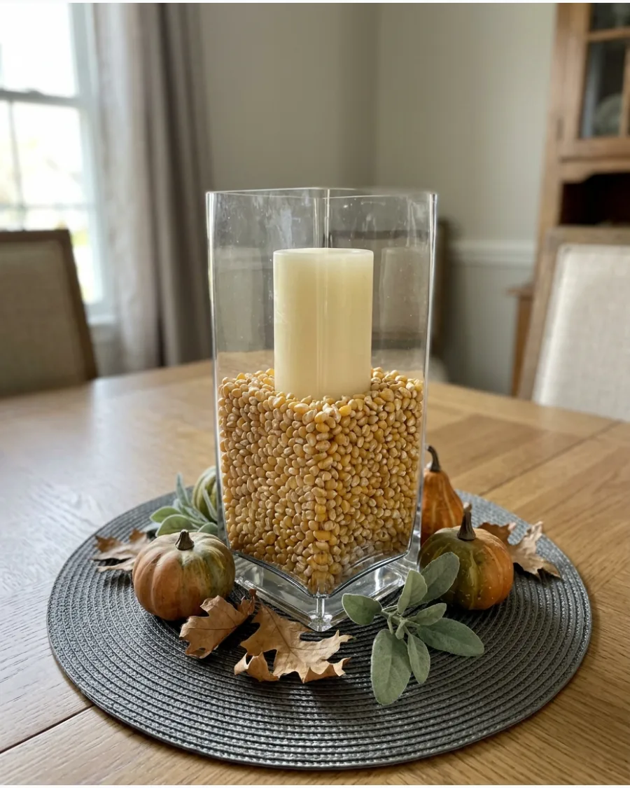 23. DIY Corn-Filled Glass Vase Centerpiece