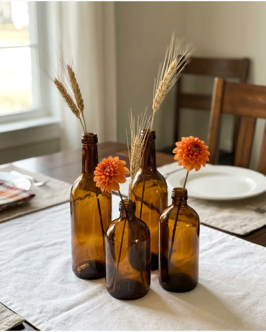 26. DIY Amber Bottle Flower Centerpiece