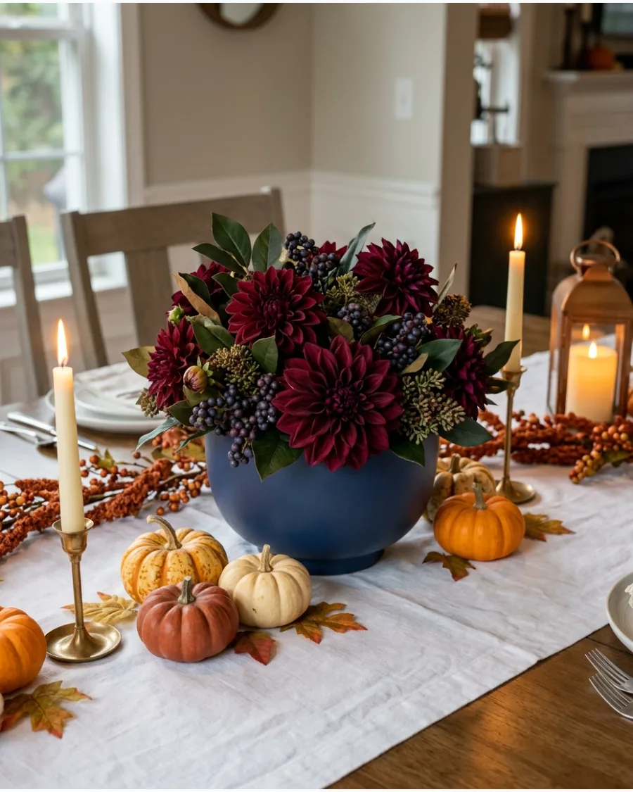 52. DIY Burgundy Floral Thanksgiving Centerpiece