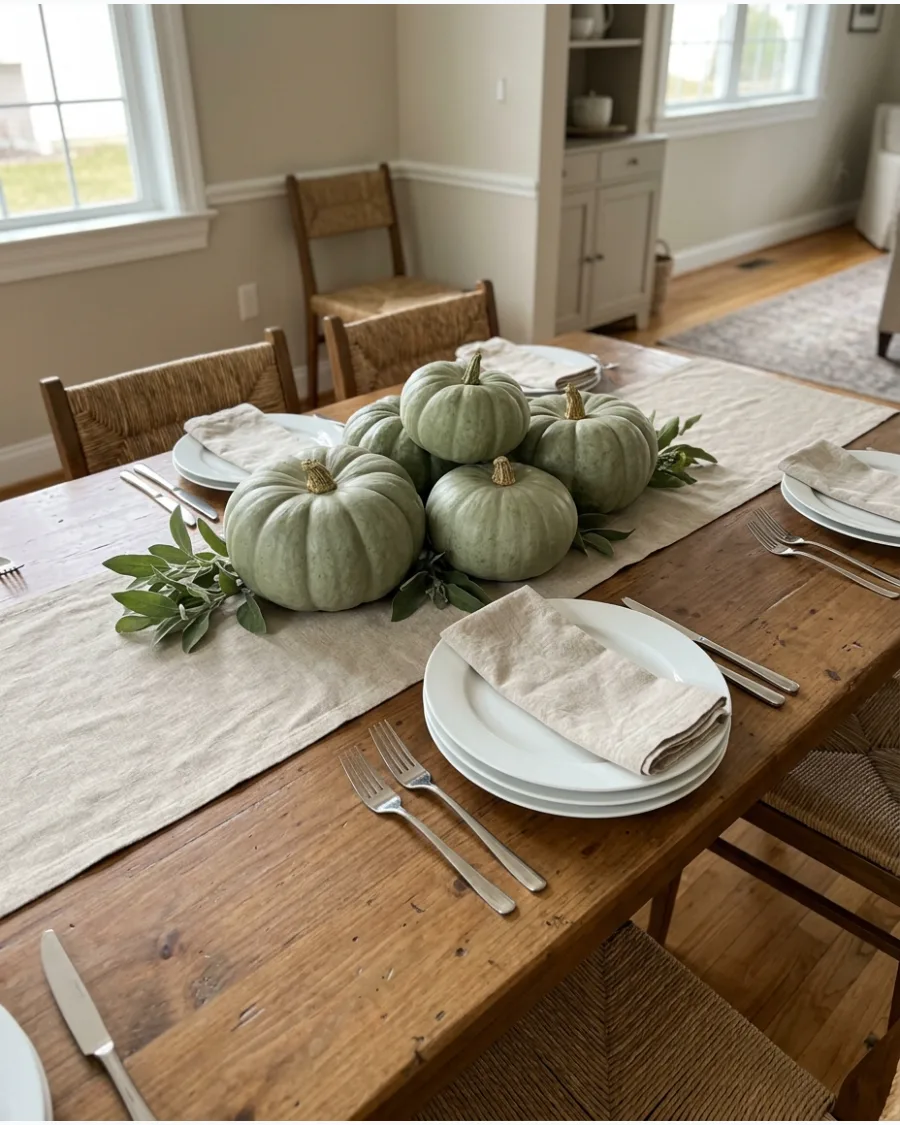 13. Sage Green Pumpkin Table Decoration