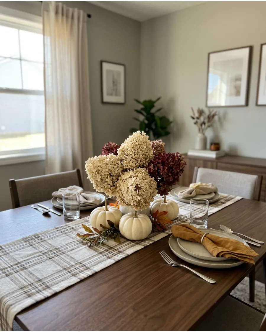 16. Pumpkin and Hydrangea Table Decoration