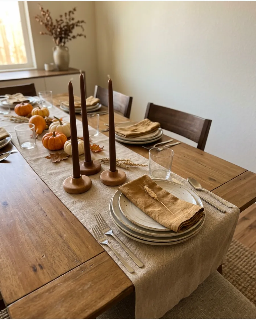 26. Brown Taper Candle Thanksgiving Table