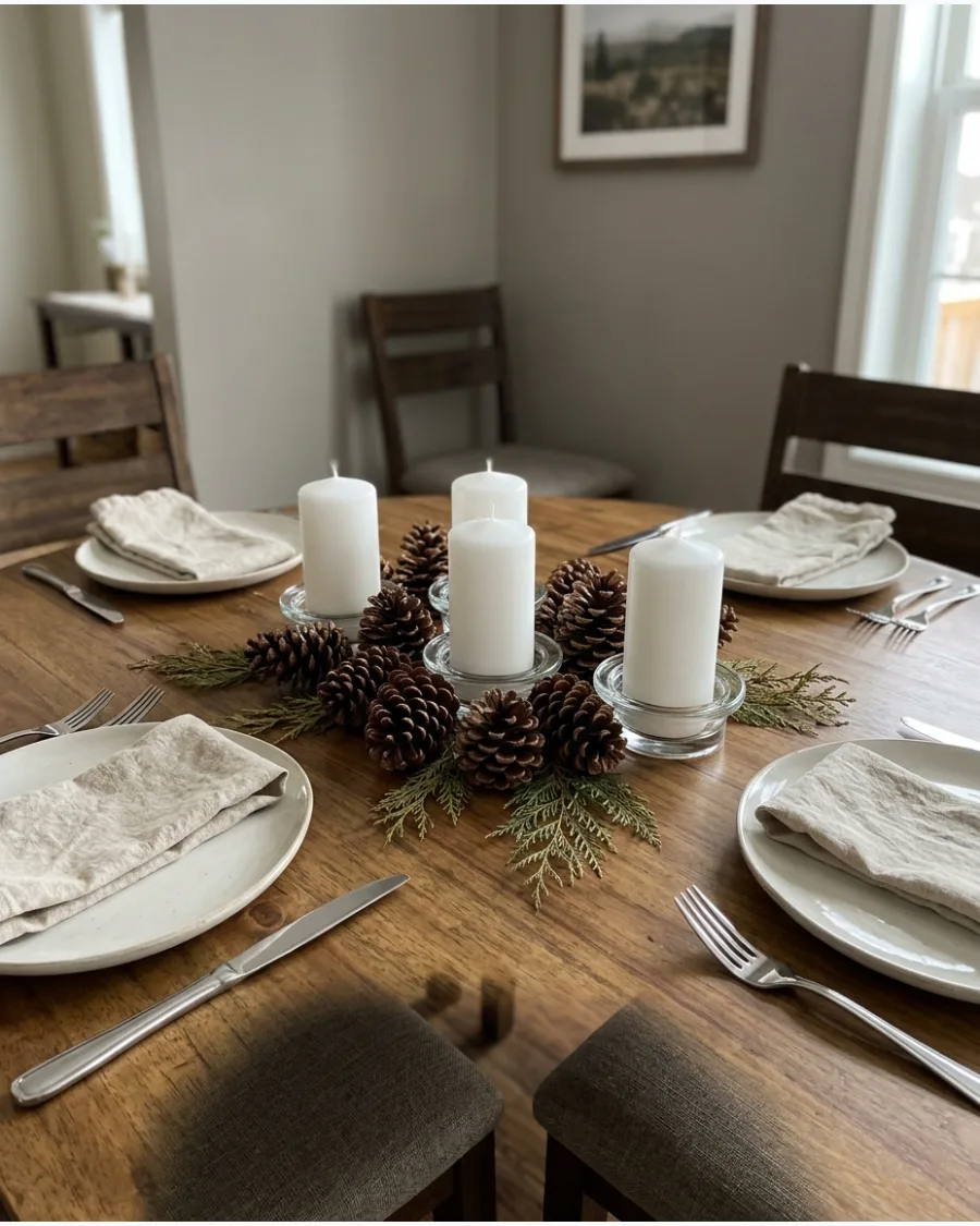 28. Candle and Pinecone Table Decoration