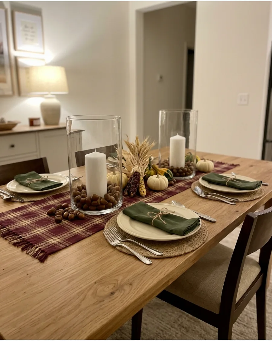 30. Glass Hurricane Candle Thanksgiving Table