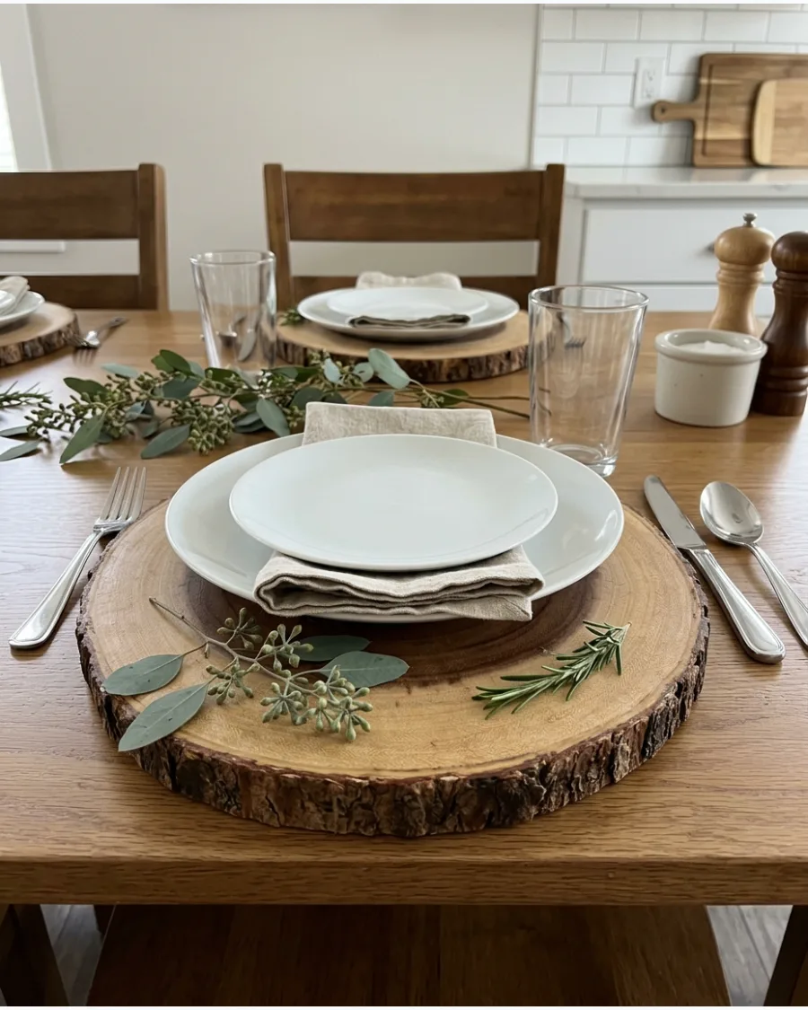 40. Natural Wood and Greenery Table Decor