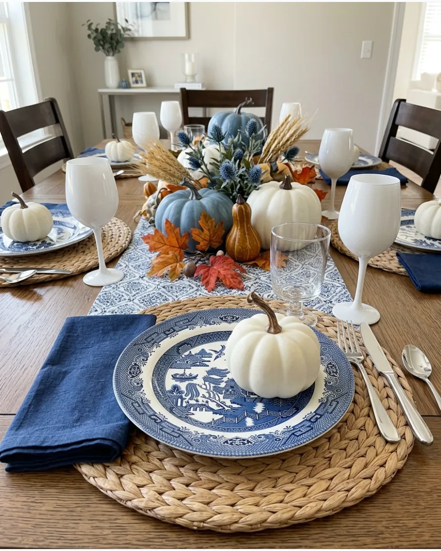 52. Blue and White Thanksgiving Table
