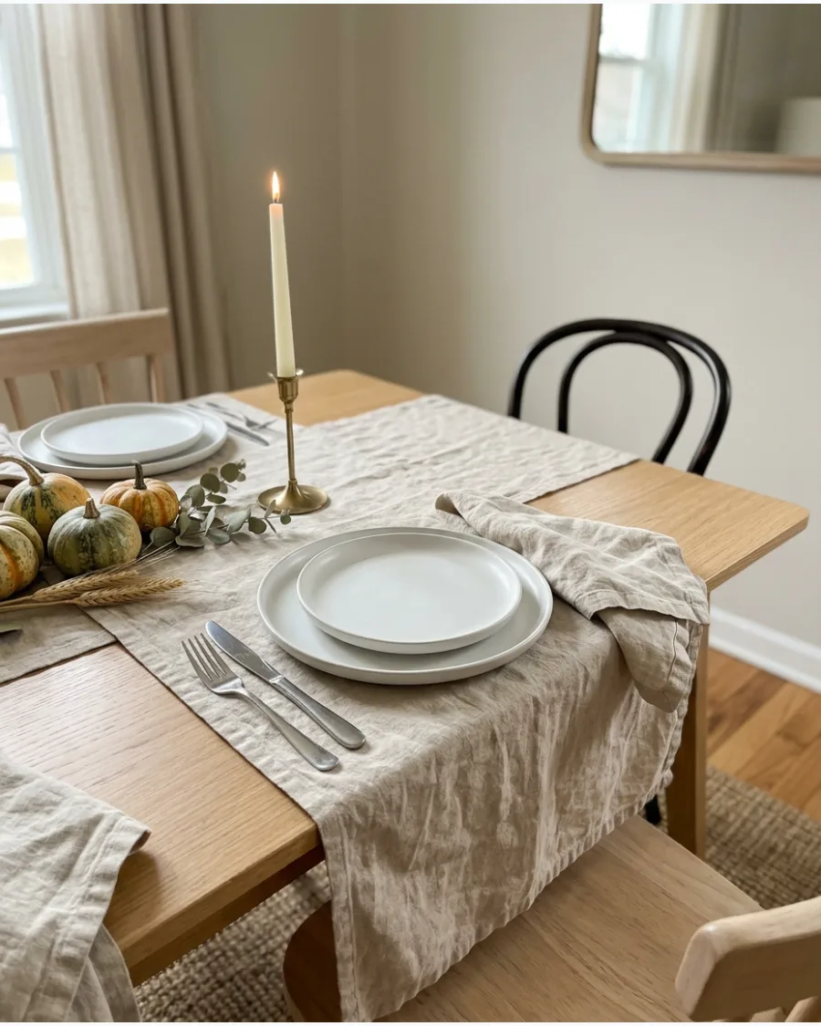 1. Simple Neutral Linen Thanksgiving Tablescape