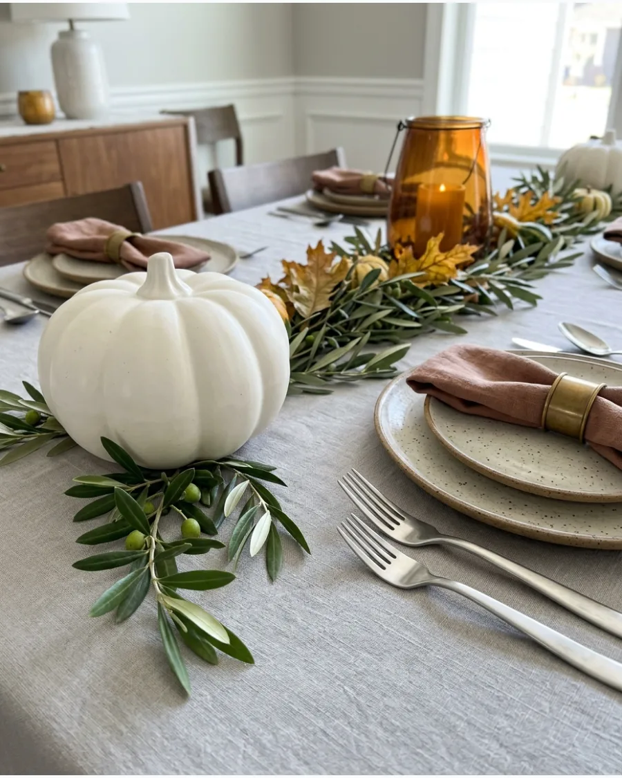 13. White Pumpkin and Greenery Tablescape