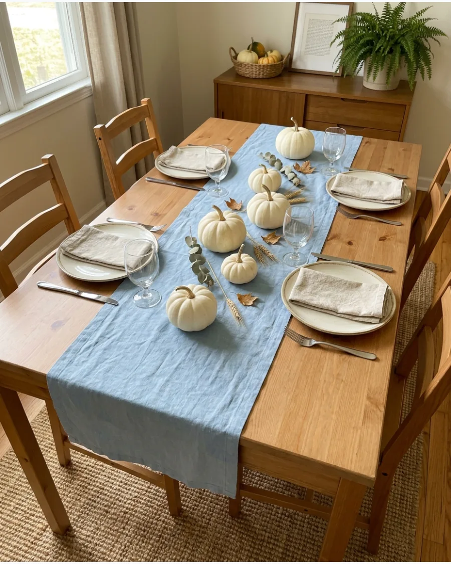 17. Pumpkins on a Linen Runner Tablescape