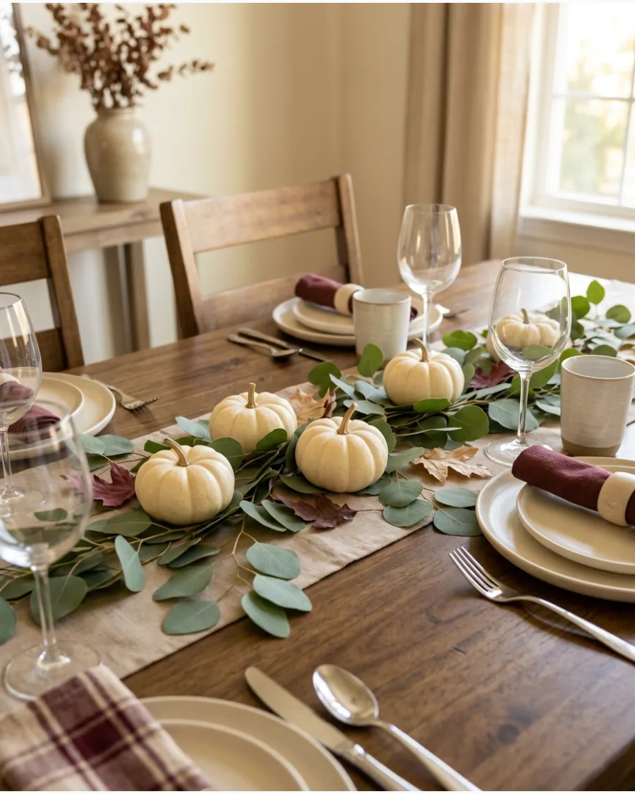 2. White Pumpkin and Eucalyptus Tablescape