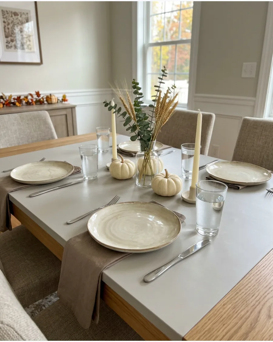 7. Simple Taupe and Cream Thanksgiving Table