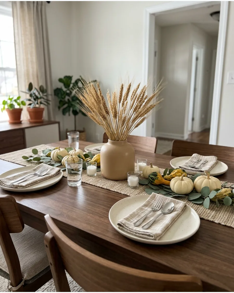 8. Neutral Thanksgiving Table With Dried Grasses