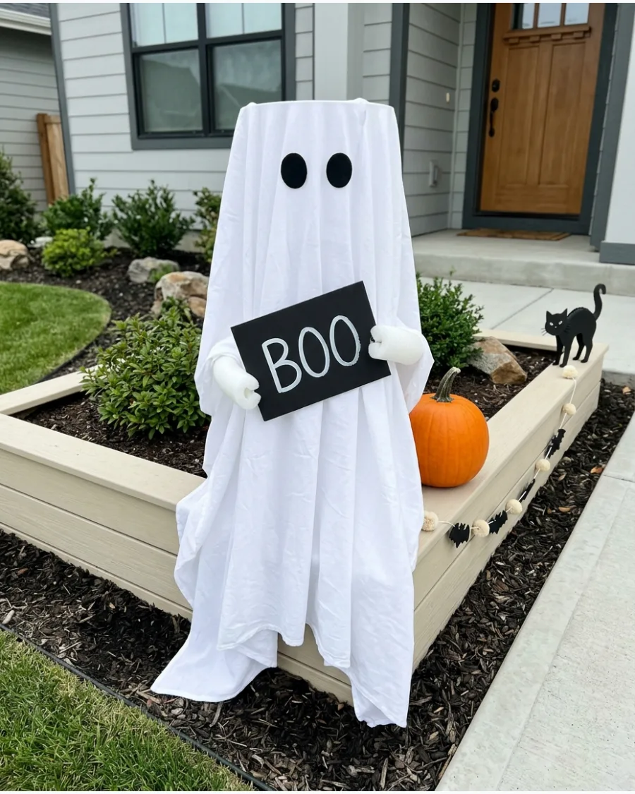 22. Ghost Holding a Halloween Sign