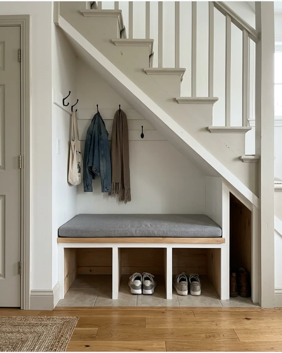 1. Built-In Mudroom Bench Under Stairs