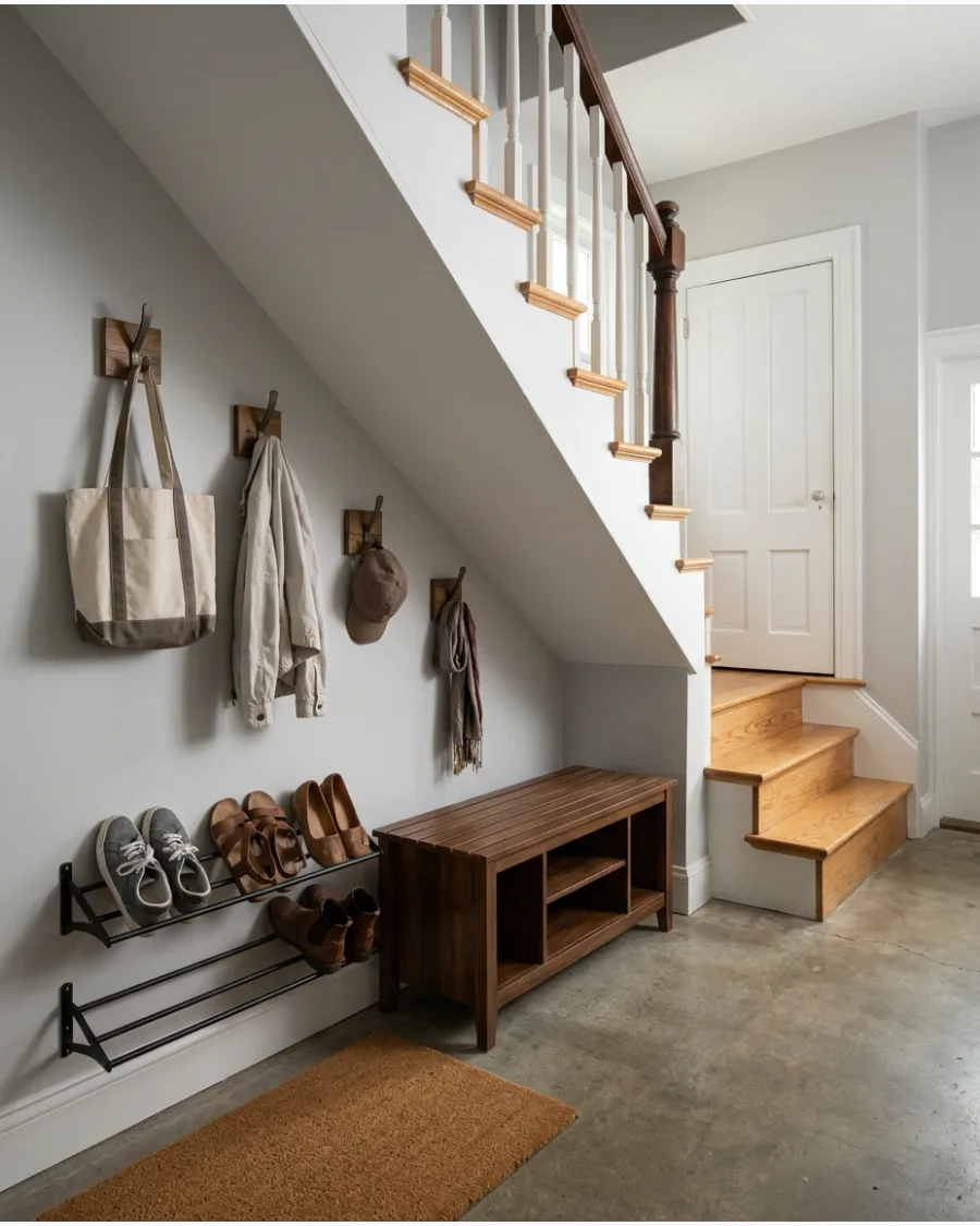 18. Under-Stairs Mudroom With Wall-Mounted Shoe Rack