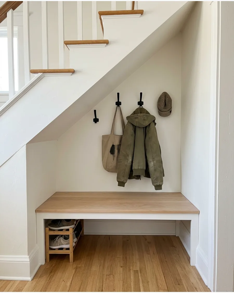 2. Under-Stairs Mudroom With Bench and Hooks