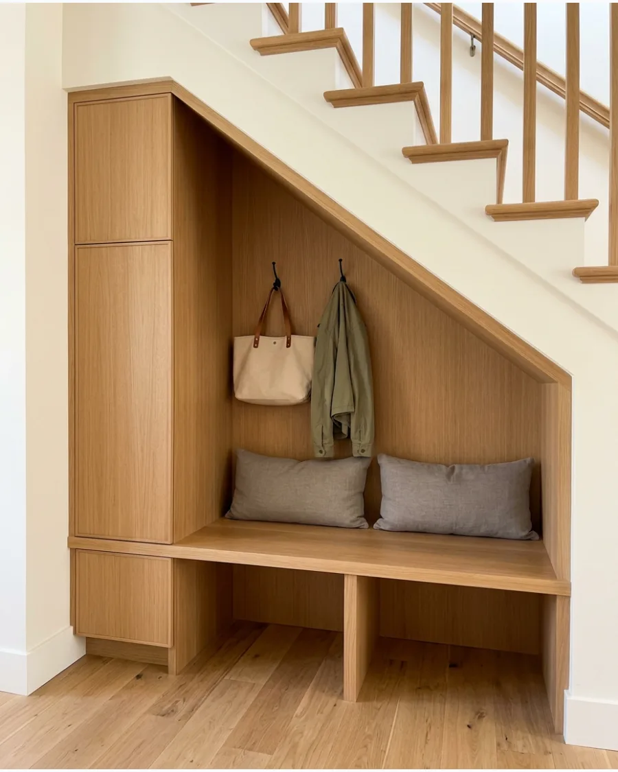 21. Modern White Oak Under-Stairs Mudroom