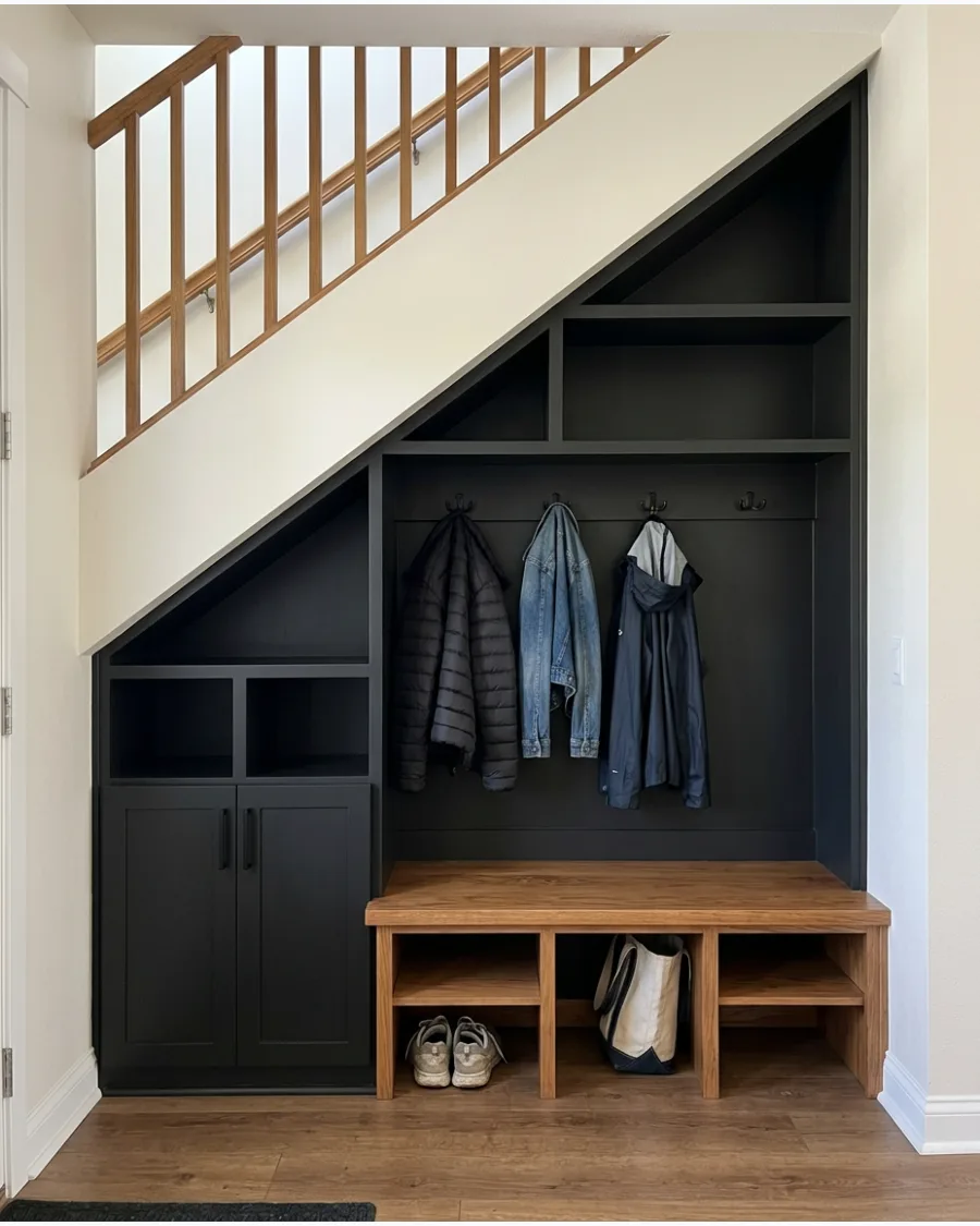 22. Modern Black Under-Stairs Mudroom