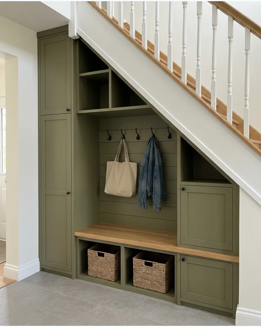 23. Modern Olive Green Under-Stairs Mudroom