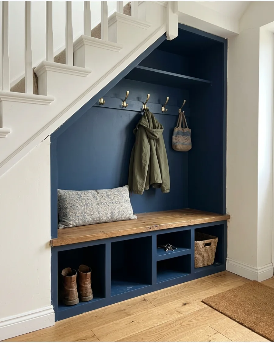 24. Moody Navy Under-Stairs Mudroom
