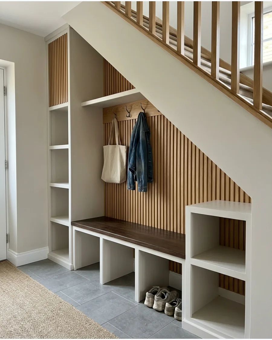29. Under-Stairs Mudroom With Fluted Wood Paneling