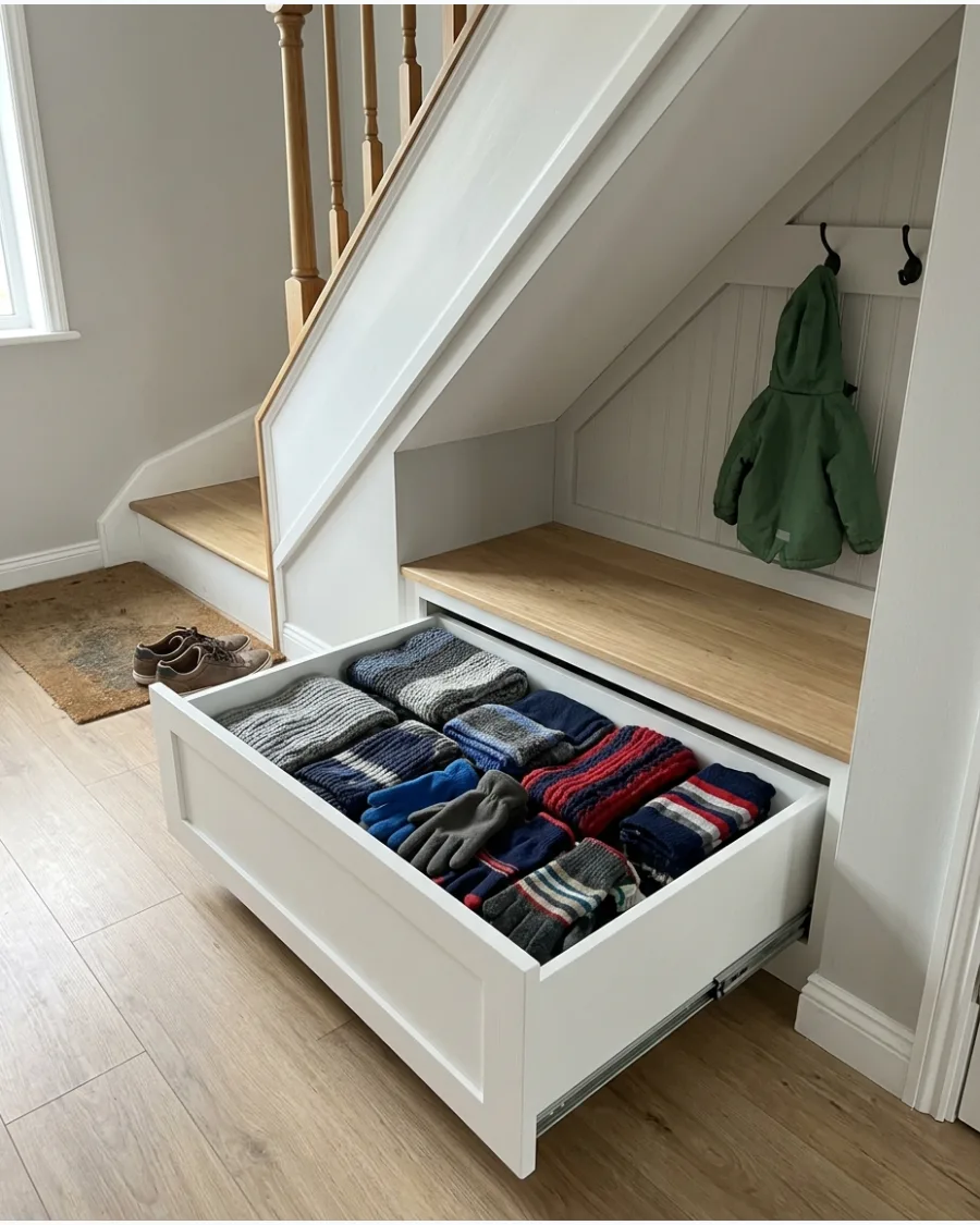 3. Under-Stairs Mudroom With Storage Drawers