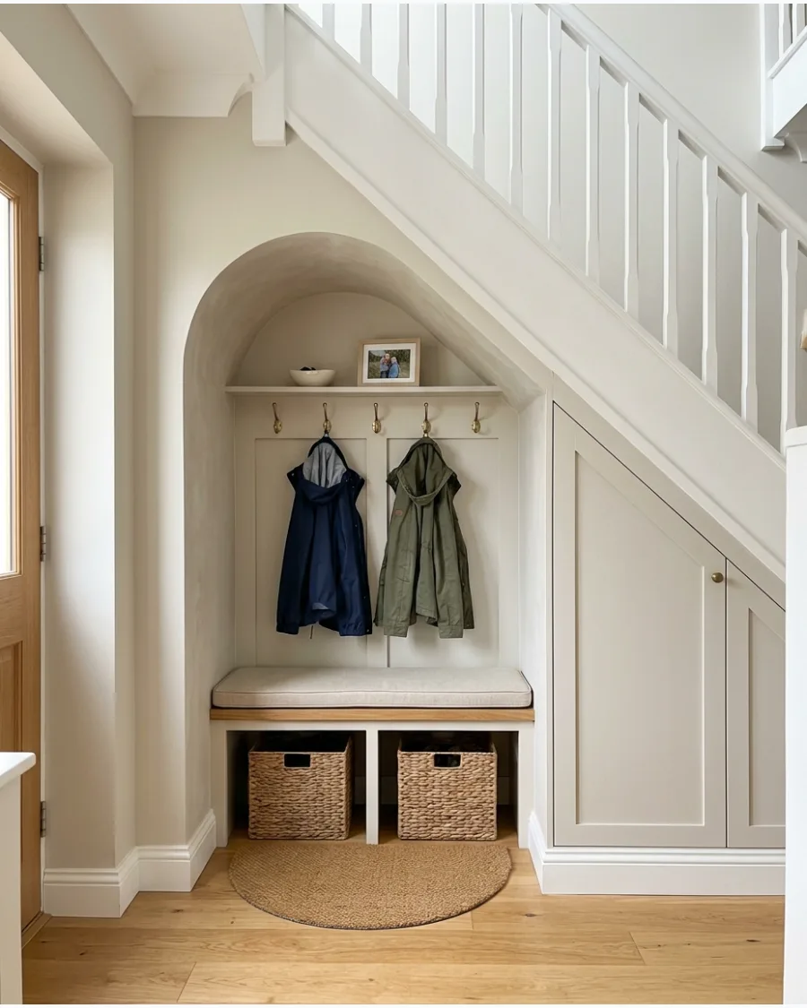 30. Under-Stairs Mudroom With Arched Details