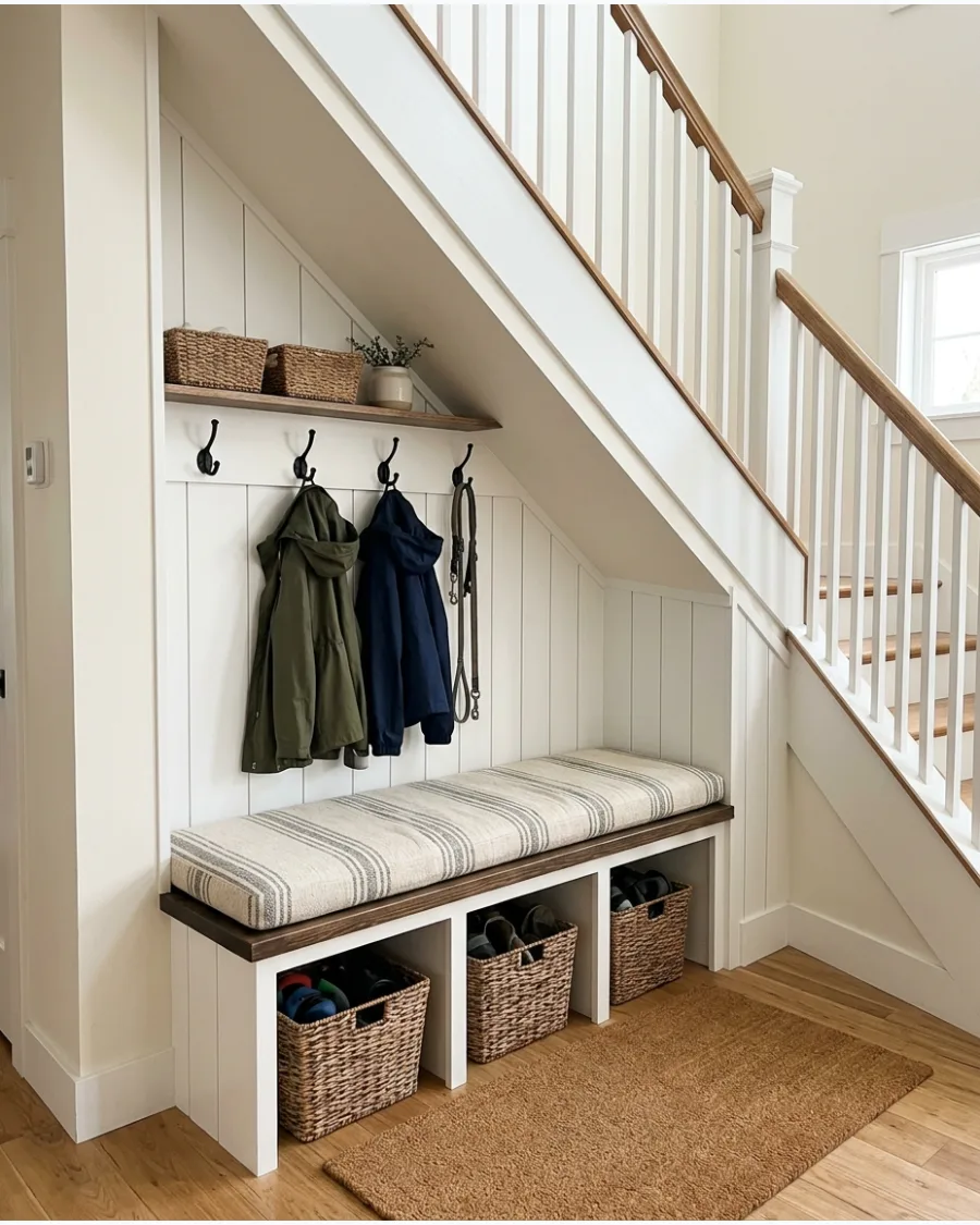 31. Farmhouse Under-Stairs Mudroom