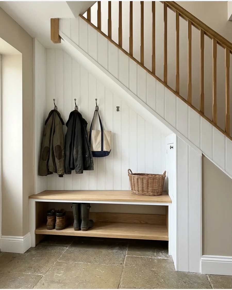 33. Under-Stairs Mudroom With Vertical Shiplap