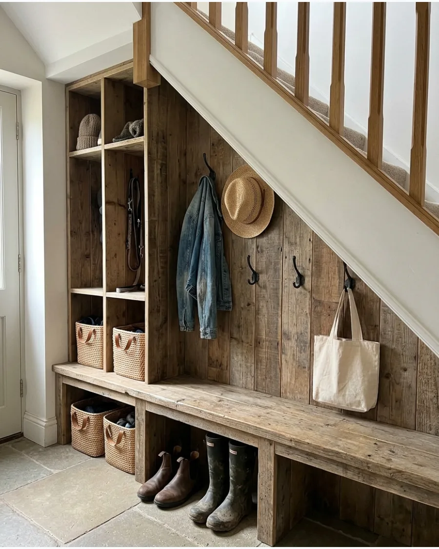 36. Rustic Under-Stairs Mudroom