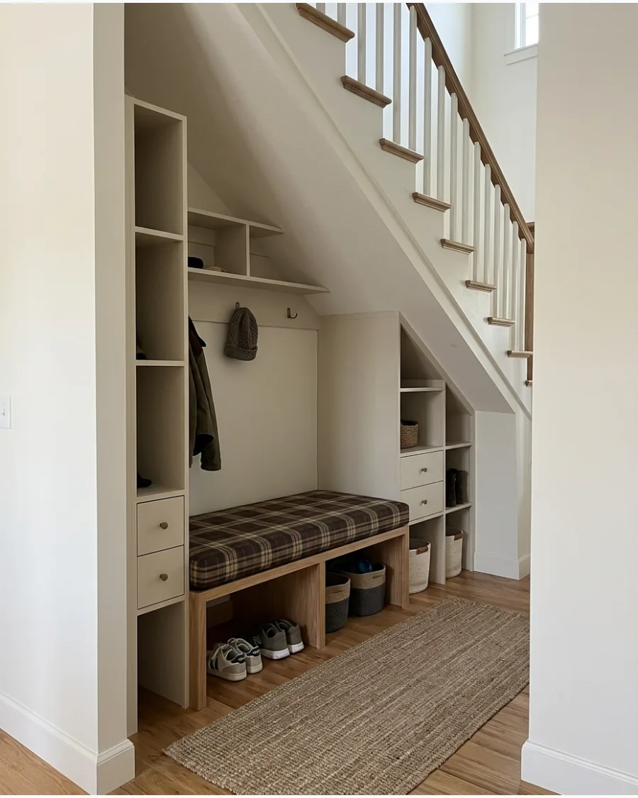 39. Under-Stairs Mudroom With Plaid Bench Cushion