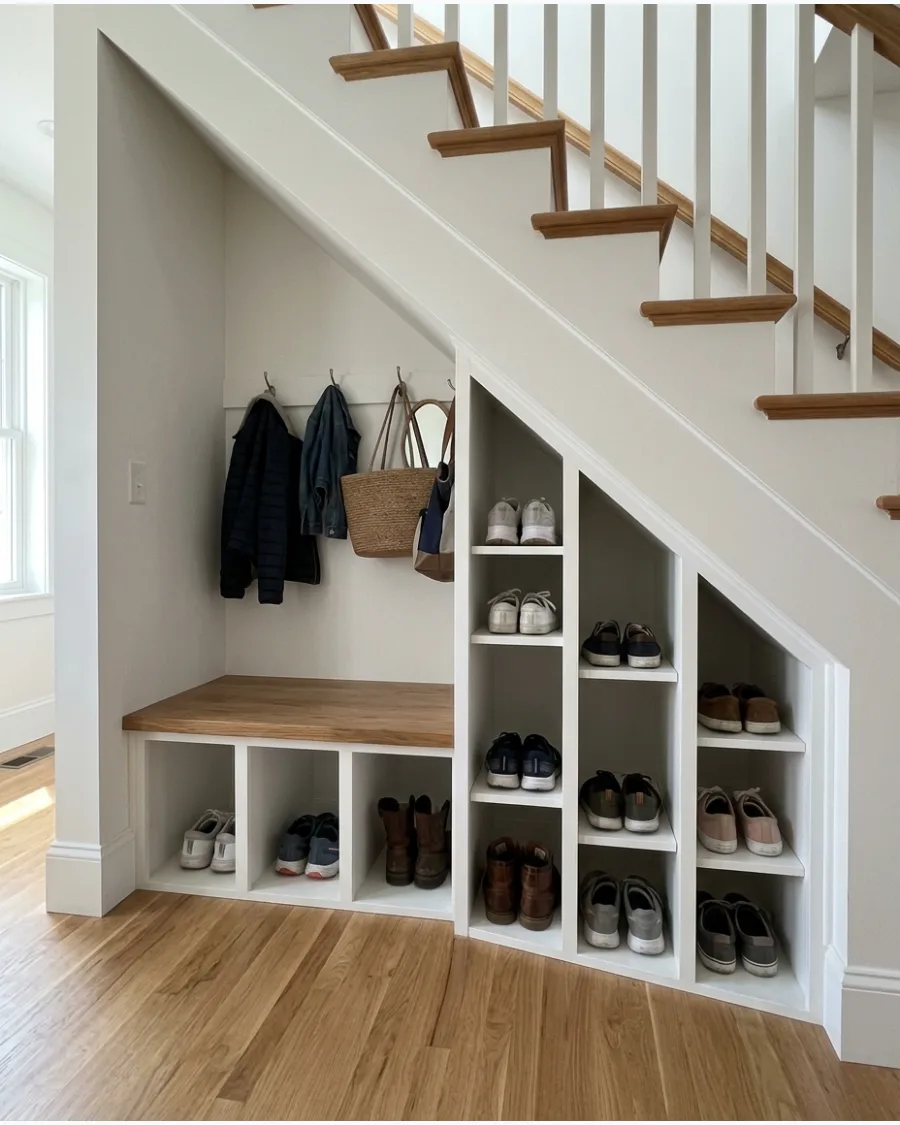 4. Under-Stairs Mudroom With Open Shoe Cubbies