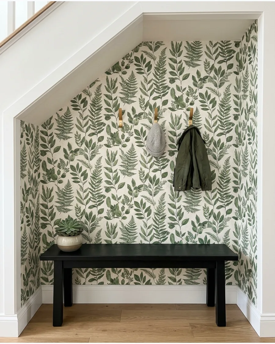 40. Under-Stairs Mudroom With Wallpaper