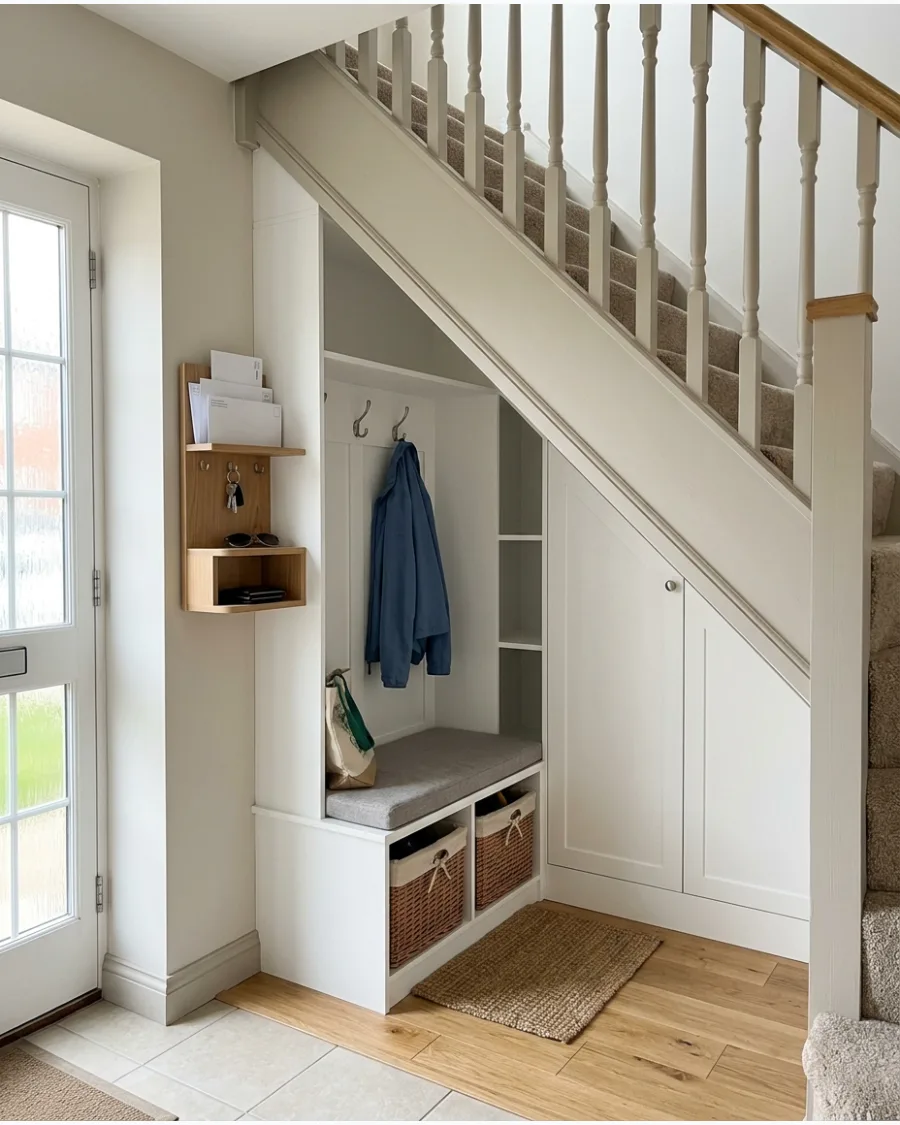 47. Under-Stairs Mudroom With Mail and Key Drop Zone