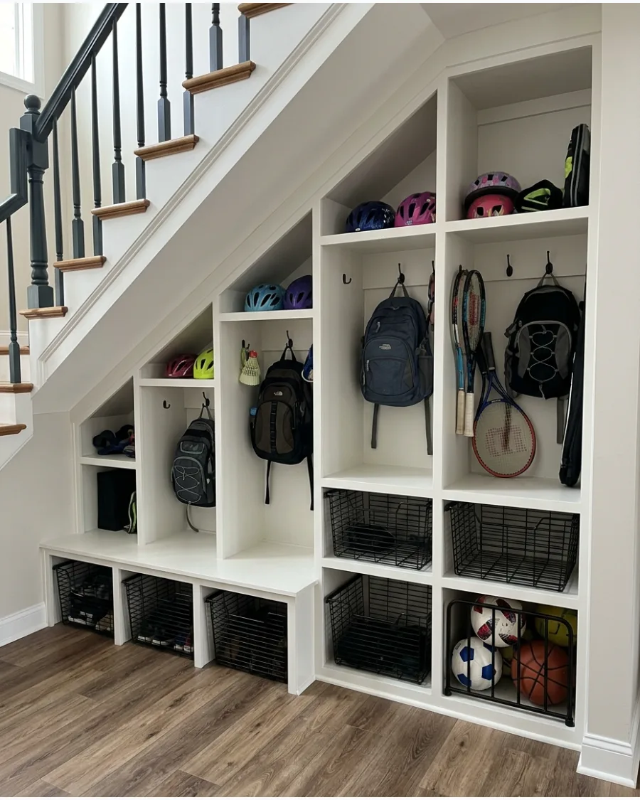 48. Under-Stairs Mudroom With Sports Gear Storage