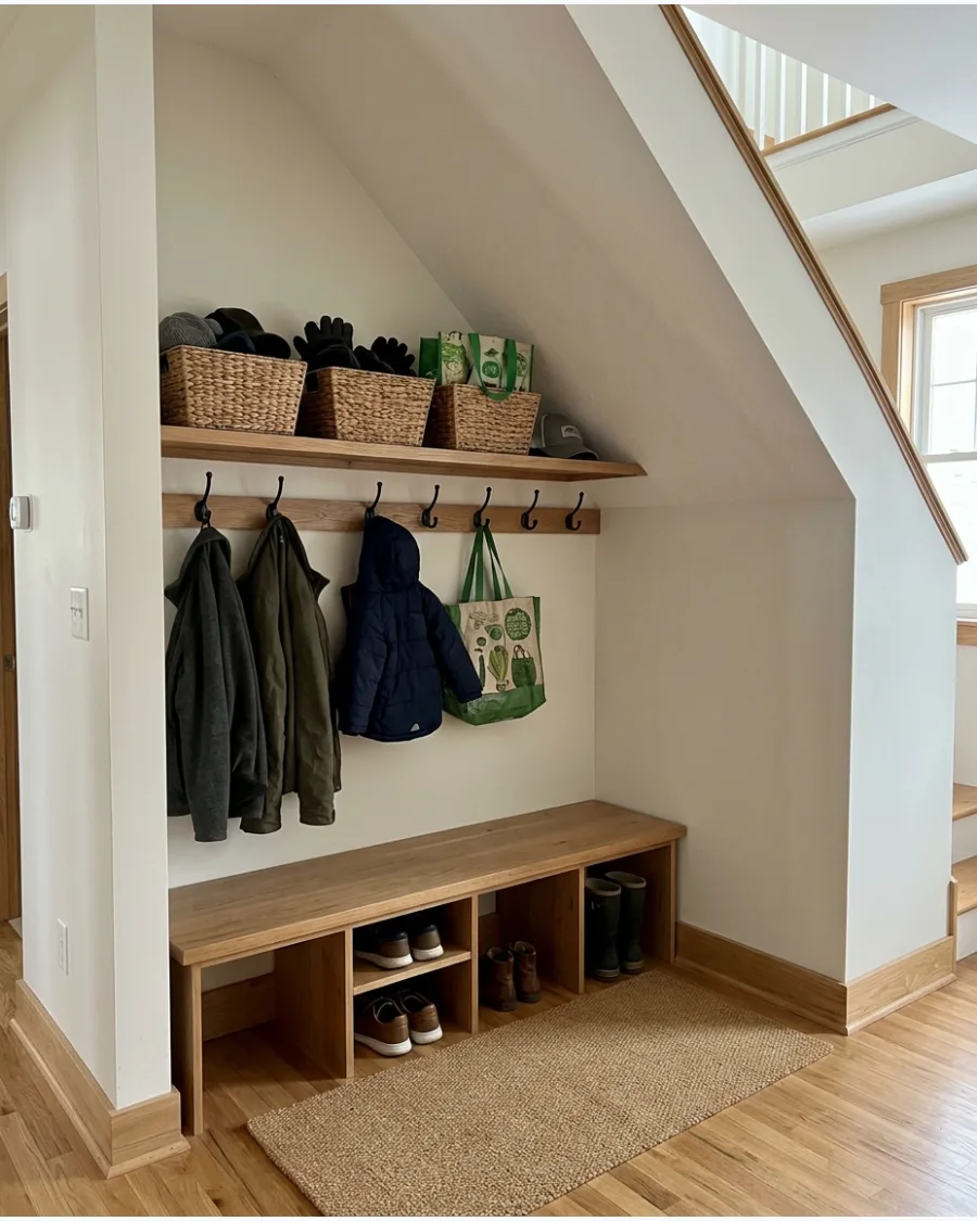 5. Under-Stairs Mudroom With Upper Storage Shelf