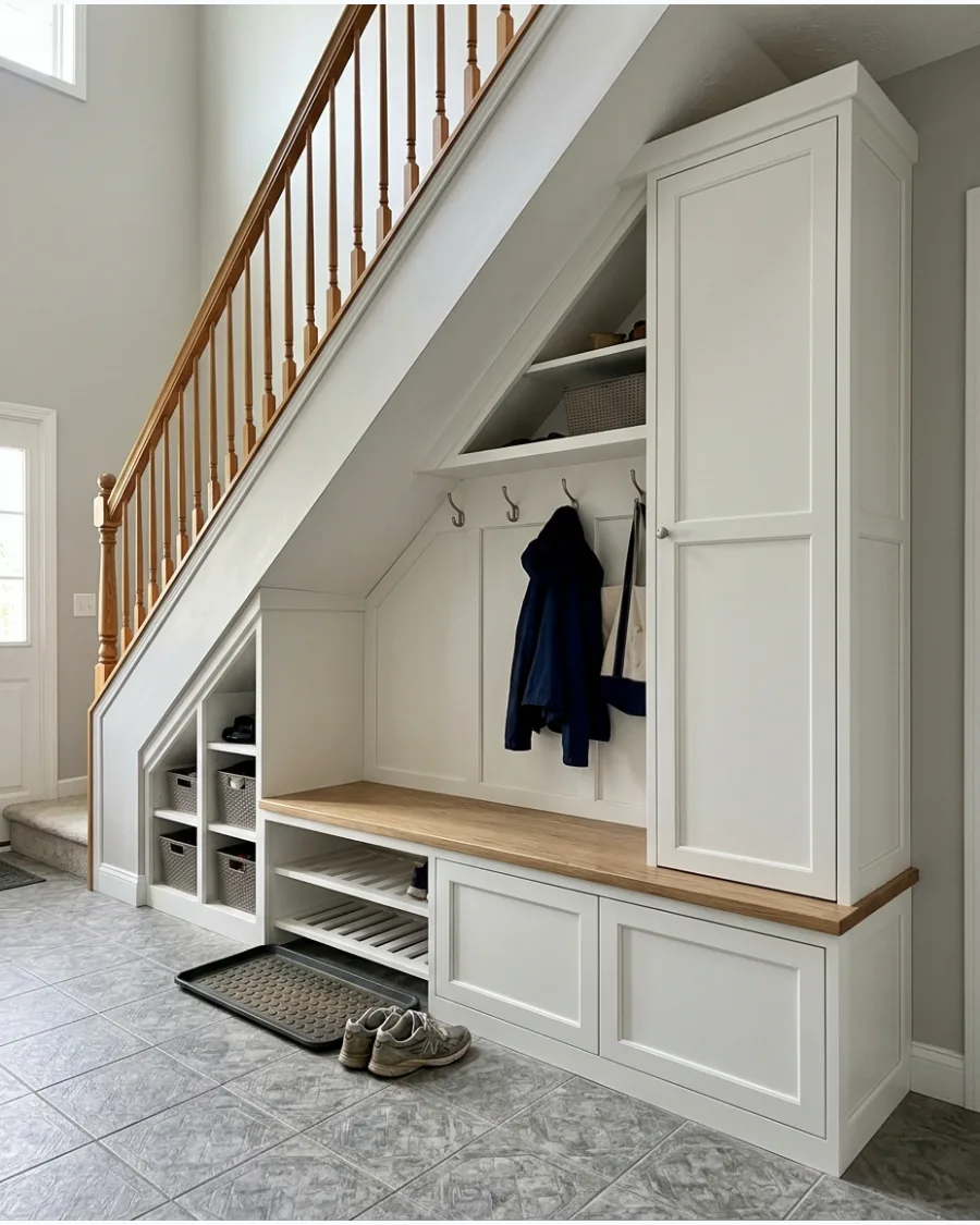 6. Floor-to-Ceiling Under-Stairs Mudroom Built-In