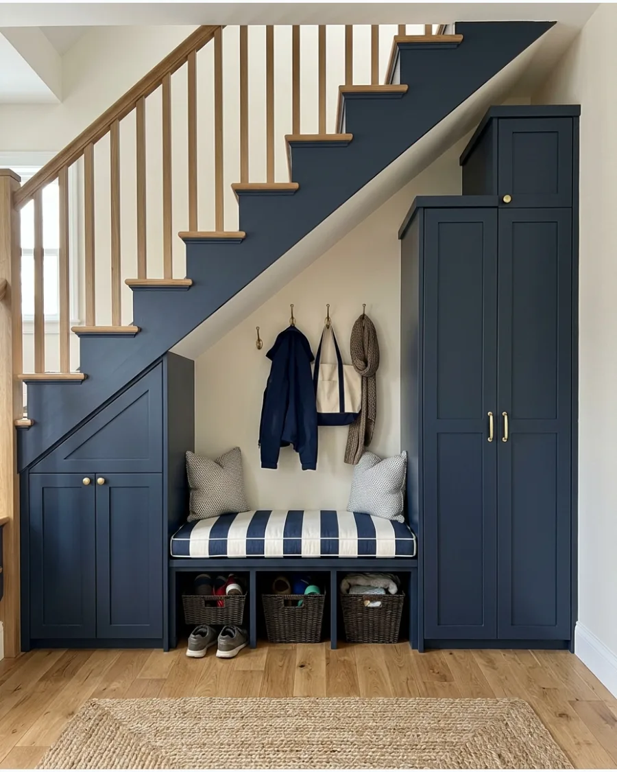 7. Under-Stairs Mudroom With Shaker Cabinets