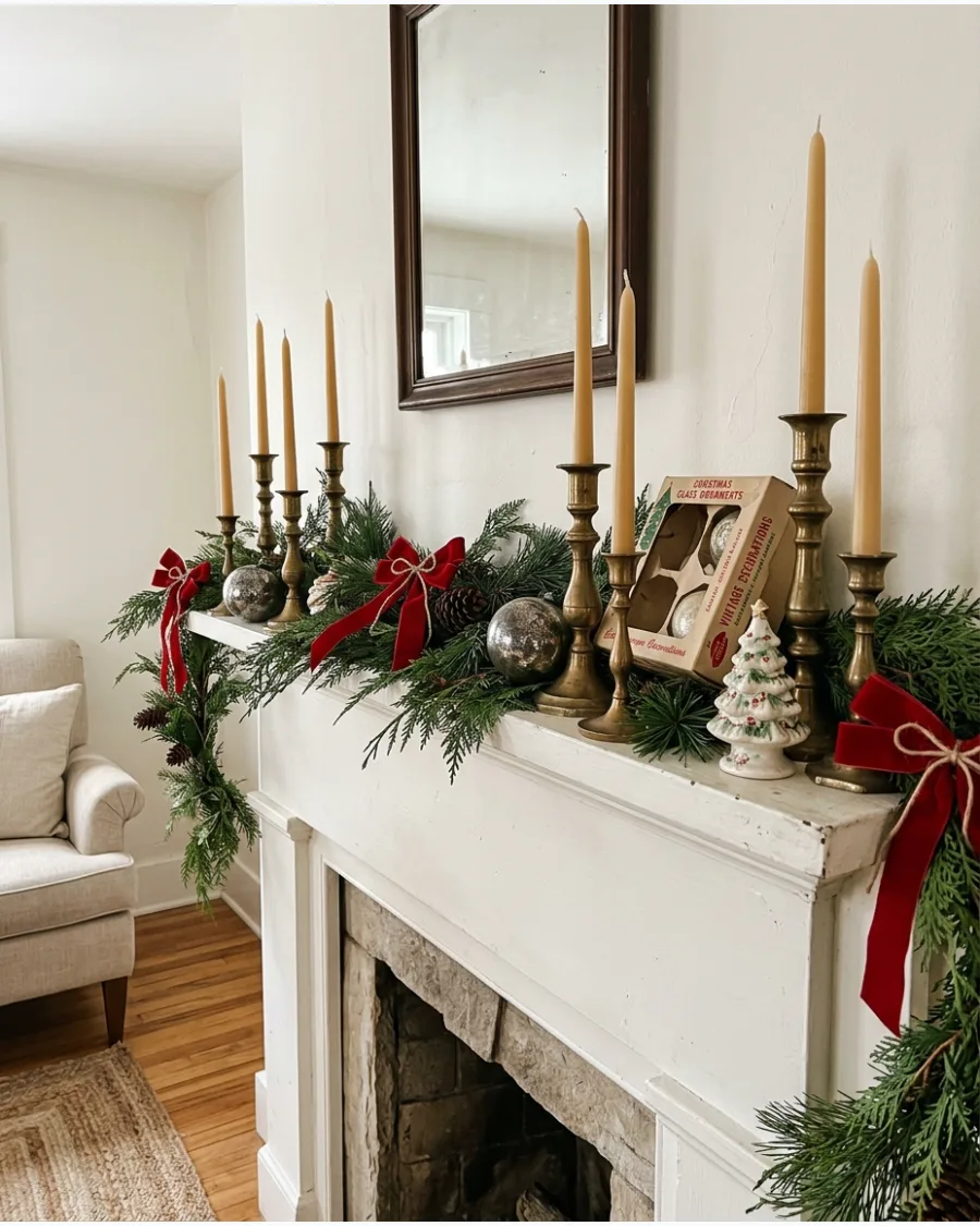 22. Vintage Brass Candlestick Christmas Mantel