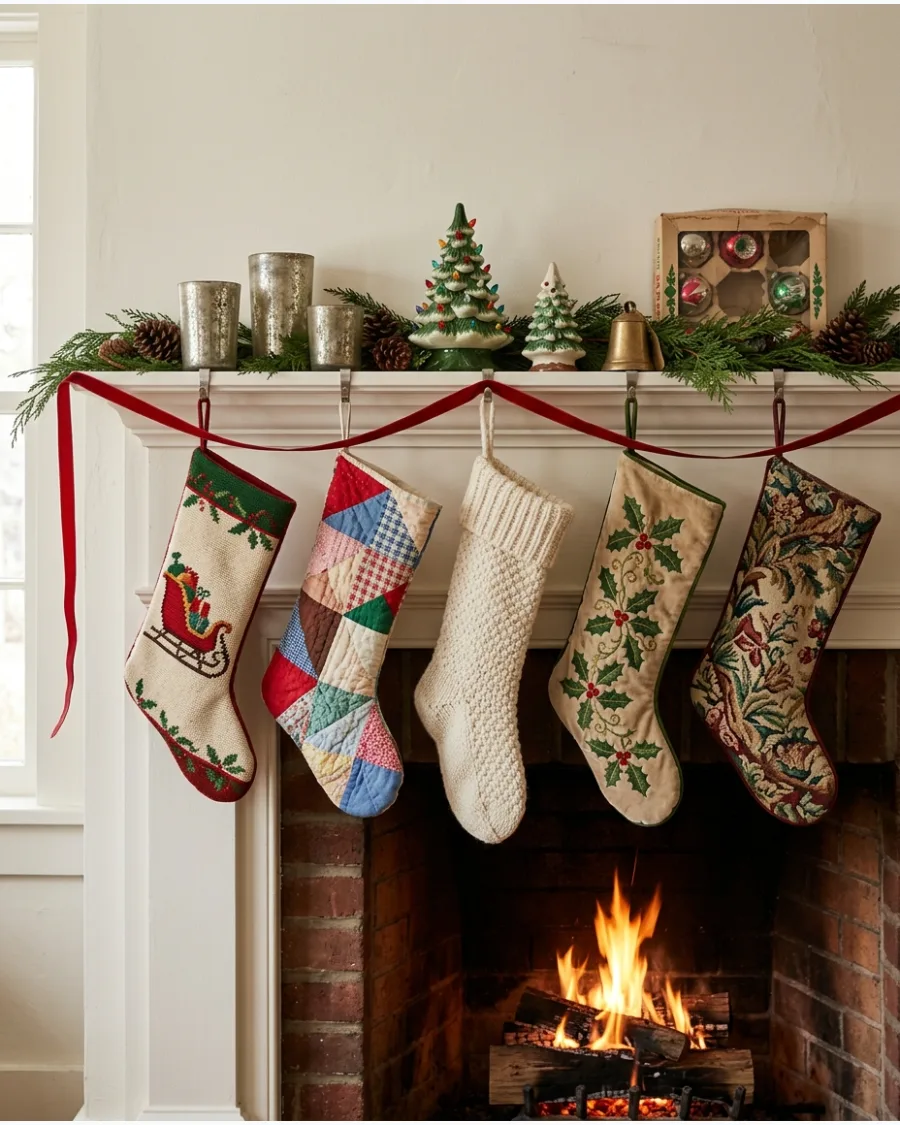 25. Vintage Stocking Christmas Mantel