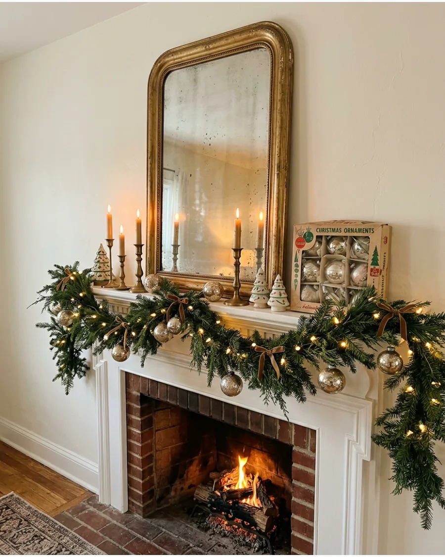 26. Antique Mirror Christmas Mantel