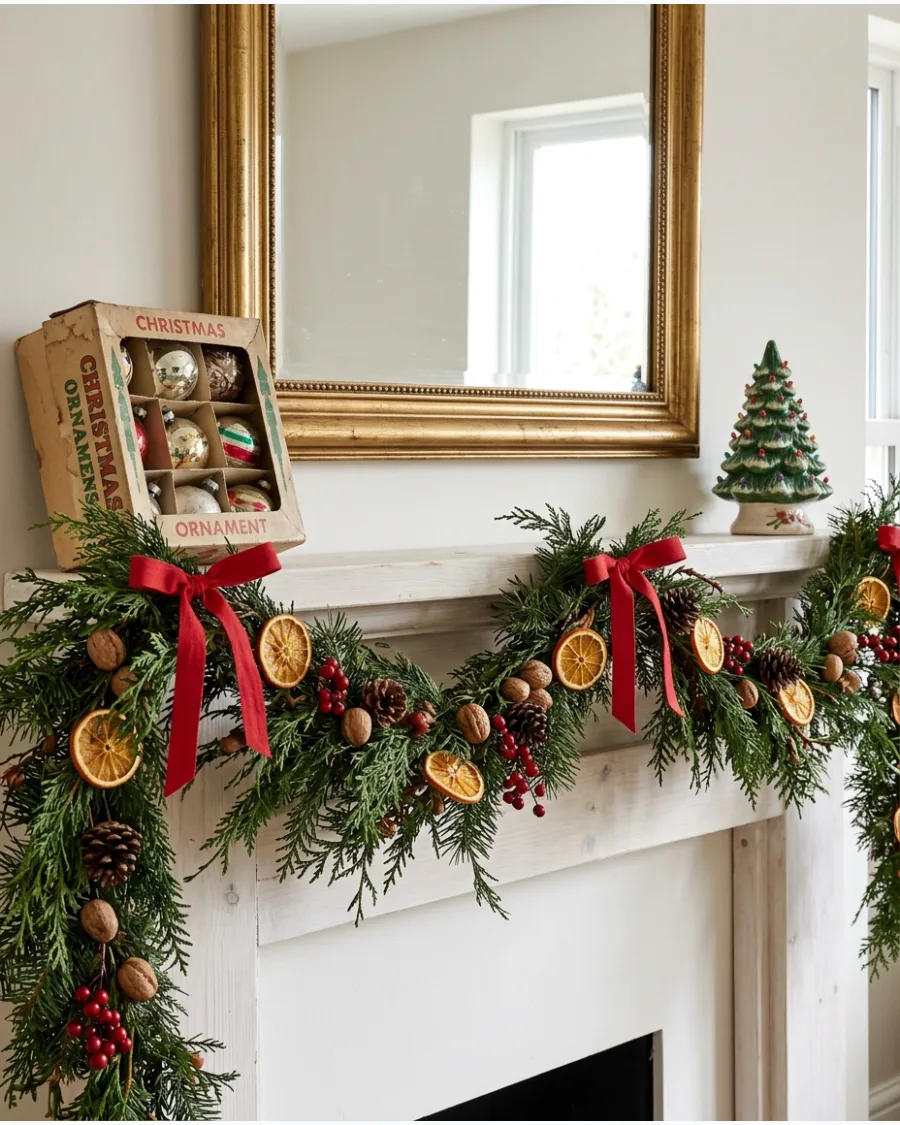 28. Old-Fashioned Christmas Garland Mantel