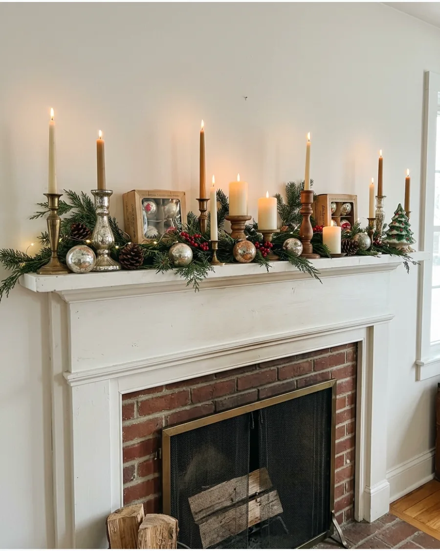 30. Vintage Christmas Candlelight Mantel