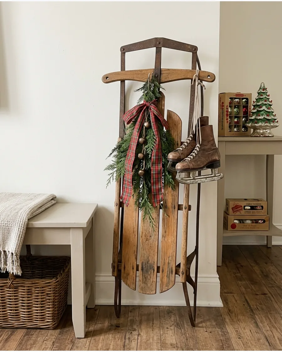 31. Vintage Wooden Sled Christmas Display