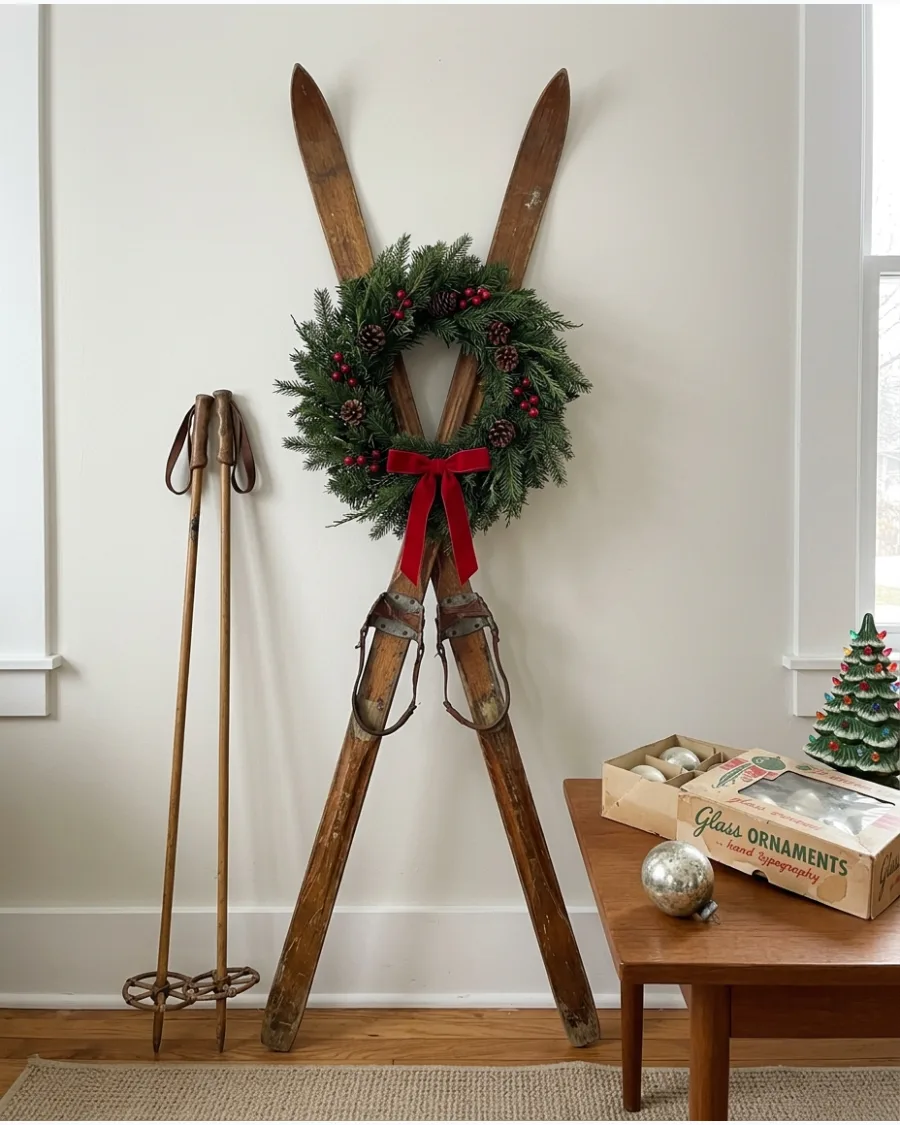 33. Vintage Wooden Ski Christmas Display