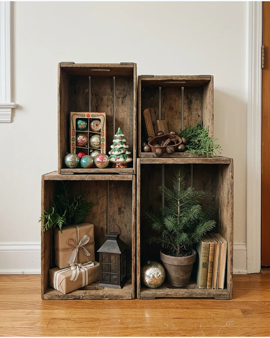 34. Antique Wooden Crate Christmas Display